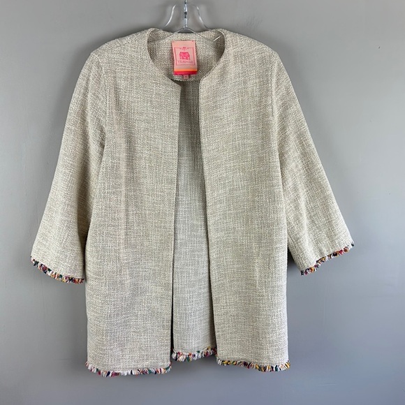 Vilagallo Womens Juliet Beige Cotton Blend Coat Multicolored Fringe Sz XS Resort - Picture 4 of 16